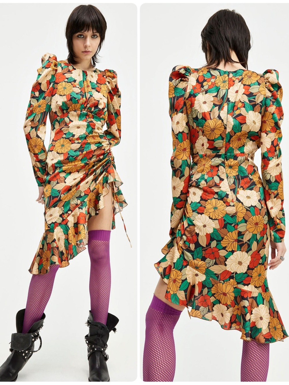 ANIYE BY ITALY Blossom Garden Puff-Sleeve Ruffle Hem Midi Dress NWT $335